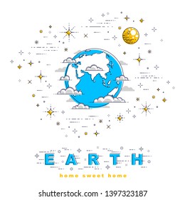 Planet Earth in space surrounded by stars, comets, asteroids and other elements. Small earth in endless cosmos. Thin line 3d vector illustration isolated on white.