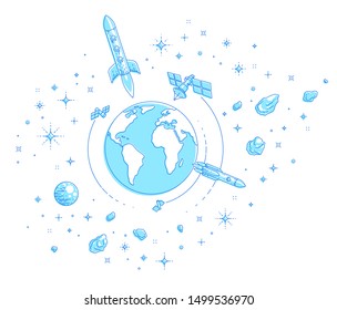 Planet Earth in space surrounded by artificial satellites, rockets and stars. Global communication technology theme. Thin line 3d vector illustration isolated on white.