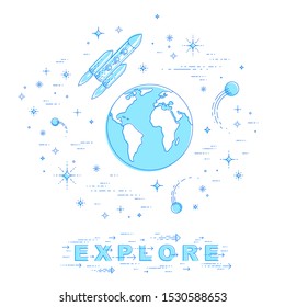 Planet Earth in space surrounded by stars, rockets, asteroids and other elements. Small earth in endless cosmos. Thin line 3d vector illustration isolated on white.