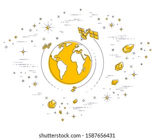 Planet Earth in space surrounded by artificial satellites, stars and other elements. Global communication technology theme. Thin line 3d vector illustration isolated on white.