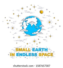 Planet Earth in space surrounded by stars, comets, asteroids and other elements. Small earth in endless cosmos. Thin line 3d vector illustration isolated on white.