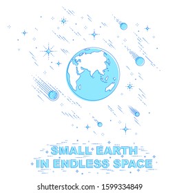Planet Earth in space surrounded by stars, comets, asteroids and other elements. Small earth in endless cosmos. Thin line 3d vector illustration isolated on white.