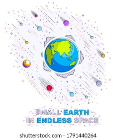 Planet Earth in space surrounded by stars, comets, asteroids and other elements. Small earth in endless cosmos. Thin line 3d vector illustration isolated on white.