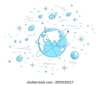 Planet Earth in space surrounded by stars, comets, asteroids and other elements. Small earth in endless cosmos. Thin line 3d vector illustration isolated on white.