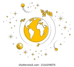 Planet Earth In Space Surrounded By Artificial Satellites, Stars And Other Elements. Global Communication Technology Theme. Thin Line 3d Vector Illustration Isolated On White.