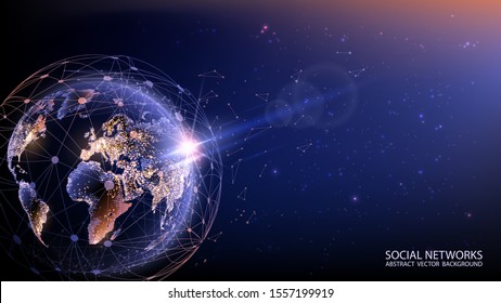 Planet Earth from space. Vector. Flickering lights of cities. Map of the mainland. Global communications system and the World Wide Web. Technologies and communications. Globalization. Luminous sphere.