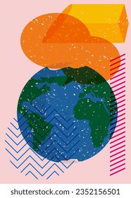 Planet Earth and speech bubble with colorful geometric shapes. Object in trendy riso graph design. Geometry elements abstract risograph print texture style.