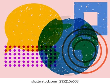 Planet Earth and speech bubble with colorful geometric shapes. Object in trendy riso graph design. Geometry elements abstract risograph print texture style.