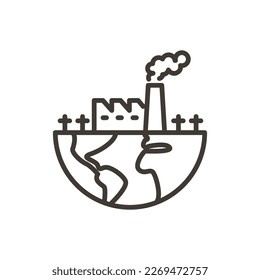 Planet earth sphere globe with pollution factory and graves. Vector thin line outline icon illustration for concepts of polution, environmental warming