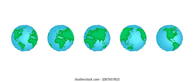 Planet Earth sphere rotate set. World map in globe shape spinning collection. Continents and oceans vector eps isolated illustration on white background
