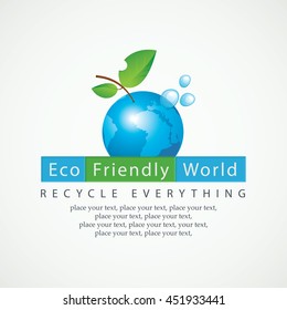 Planet Earth in the spray of clean water and the inscription Eco Friendly World and recycle everything