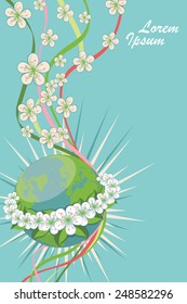 Planet earth with spring flowers wreath.Composition of cherry flowers ,curly ribbons Vector vertical Illustration,banner,template for wedding,mother day,easter.Cute card,invitation.Modern flat style