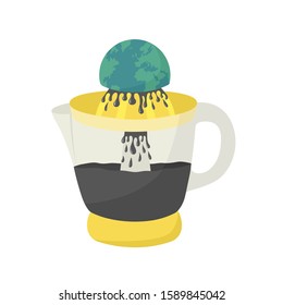 Planet Earth squeezing on juicer. Petroleum industry concept. Flat color vector illustration isolated on white