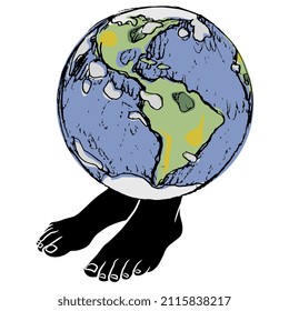 El planeta Tierra parado en los pies humanos desnudos. Concepto creativo divertido. 