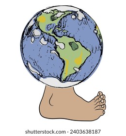 Planet earth standing on a bare human foot. Funny environmental design. Concept of population and humankind. Isolated vector illustration.