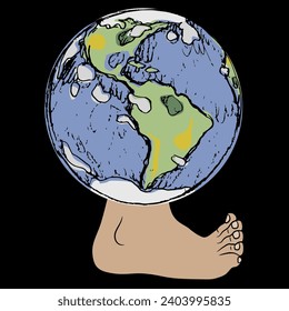 Planet earth standing on a bare human foot. Funny environmental design. Concept of population and humankind. On black background.