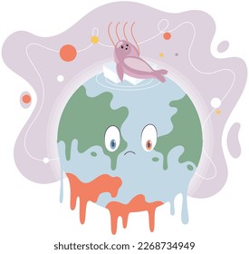 Planet Earth is suffering, danger rising temperature, thermometer, water drops due to ice melting. Global warming climate changes concept. environmental disaster threat to nature and animals
