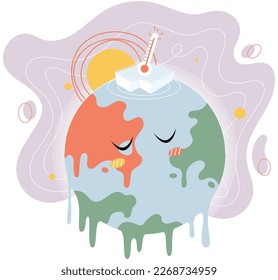 Planet Earth is suffering, danger rising temperature, water drops flowing from globe due to ice melting. Global warming climate changes concept Climat change metaphor. Planet risk and danger