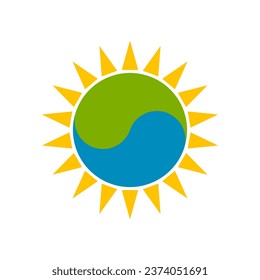Planeta Tierra con rayos solares y símbolo yin yang.
