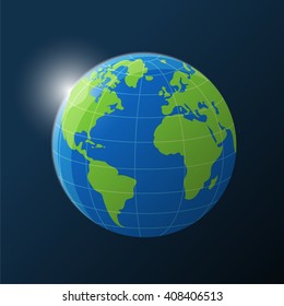 Planet earth with sun rising in the Space. Vector illustration.