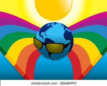 Planet Earth with Sunglasses over two Crossing Rainbows 