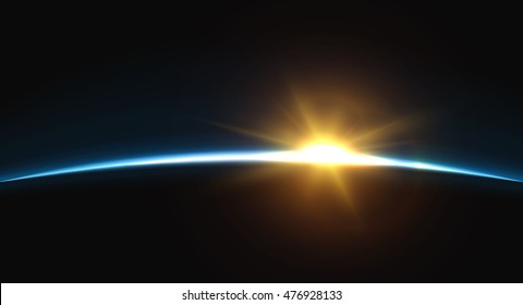 Planet Earth Sunrise. Globe Horizon Atmosphere. View Of The Earth From Orbit Of The Planet. Background Of The Earth From Space Vector Illustration