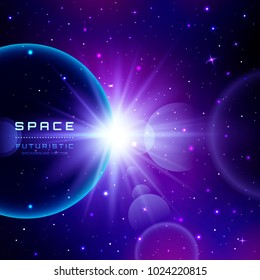 Planet earth with sunrise in space. Vector space background.