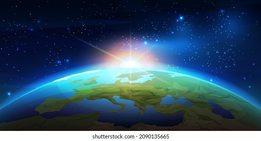 Planeta Tierra con amanecer en el espacio. Ilustración vectorial de la elevación del sol sobre el paisaje del globo. Salvar el fondo del mundo, galaxia estrellada en estratosfera, panorama de la luz solar y de la puesta de sol, viajes al exterior