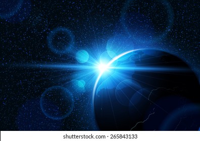 Planet earth with sunrise in space. Vector space background