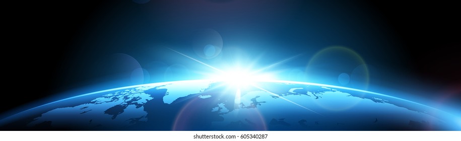 Planet Earth With Sunrise In Space. Vector Space Background