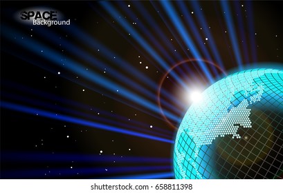 Planet earth with sunrise in space. Vector space background