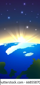 Planet earth with sunrise in space. Vector space background