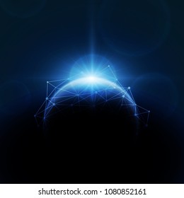 Planet earth with sunrise and technology network. vector illustration