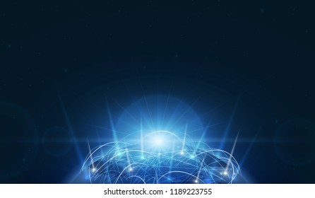 Planet earth with sunrise and technology network. vector illustration