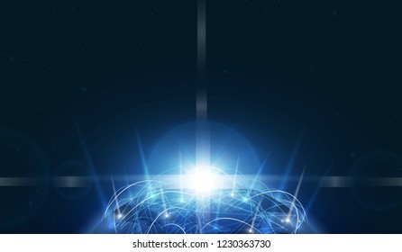 Planet earth with sunrise and technology network. vector illustration