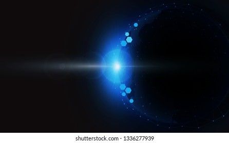 Planet earth with sunrise and technology network. vector illustration