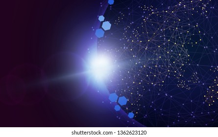 Planet earth with sunrise and technology network. vector illustration