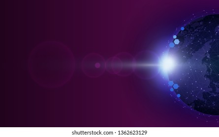 Planet earth with sunrise and technology network. vector illustration
