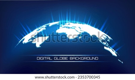 Planet earth surface with rays of energy. World map global economy social network communication data transfer digital technology, 3d globe with lights rise vector illustration