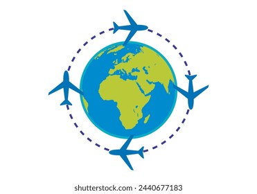 Planet Earth surrounded by airplane silhouette.