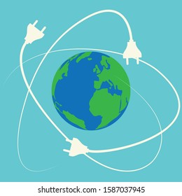 Planet earth surrounded by electric plugs
