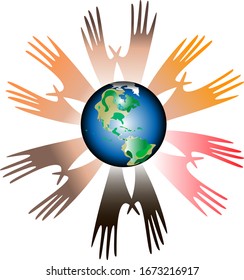 
Planet Earth surrounded by human palms of different colors. A symbol of friendship among the peoples of the world of awareness and environmental friendliness. The planet is in our hands.Circle 