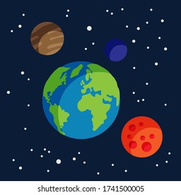 planet earth surrounded by other stars of the milky way like venus, tuesday and mercury in space surrounded by stars
