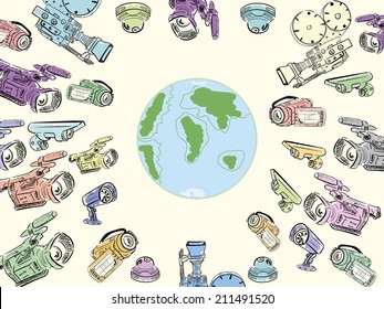Planet Earth surrounded with supervision of video cameras