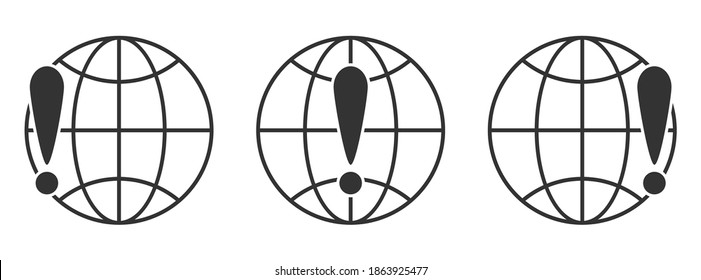 Planet Earth symbol with exclamation mark. Set of linear globe icons. Vector illustration. Exclamation mark with globe Earth symbol. Warning concept