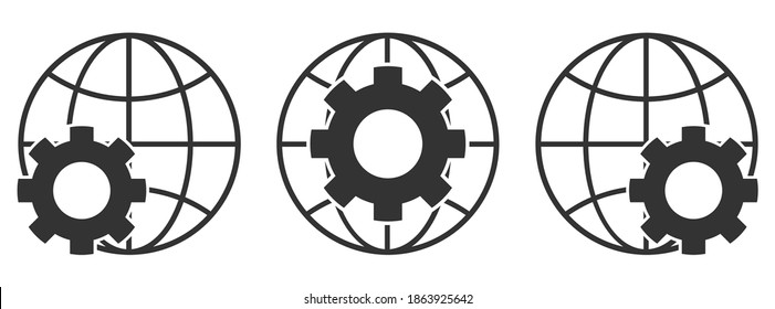 Planet Earth symbol with gear icon. Set of linear globe icons. Vector illustration. Cogwheel icon with globe Earth symbol.
