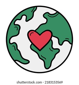 Planeta Tierra con un símbolo de corazón y amor, un ícono de solidaridad de estilo doodle