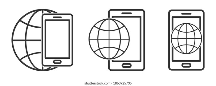 Planet Earth symbol with smartphone icon. Set of linear globe icons. Vector illustration. Mobile phone icon with globe Earth symbol