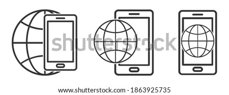 Planet Earth symbol with smartphone icon. Set of linear globe icons. Vector illustration. Mobile phone icon with globe Earth symbol