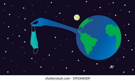 planeta tierra desechando máscara facial después de que la pandemia termine